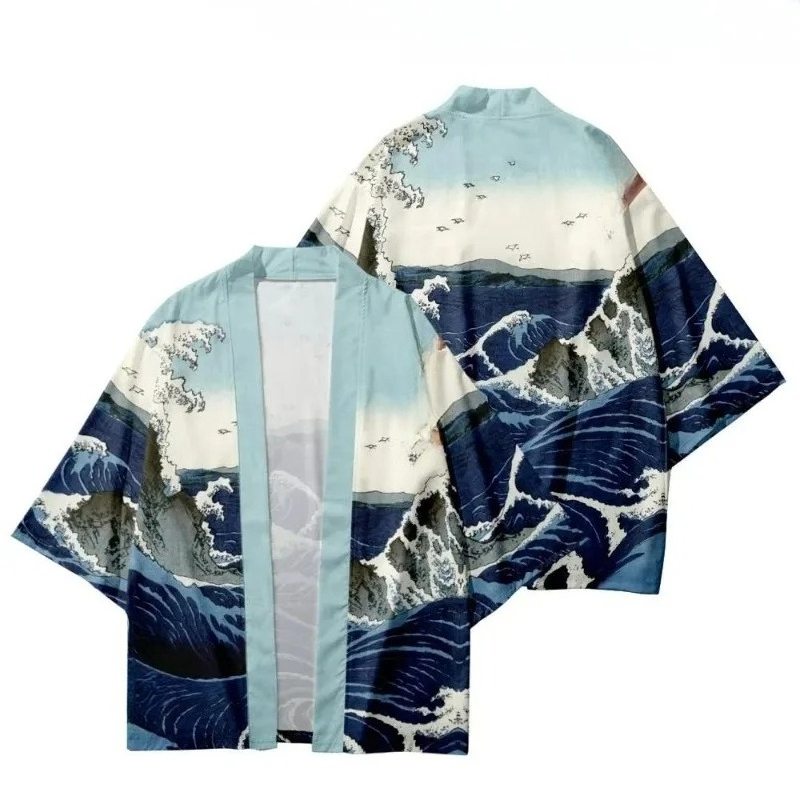 Street Fashion Kimono - Modny nadruk falowy, tradycyjne kimono, odzież