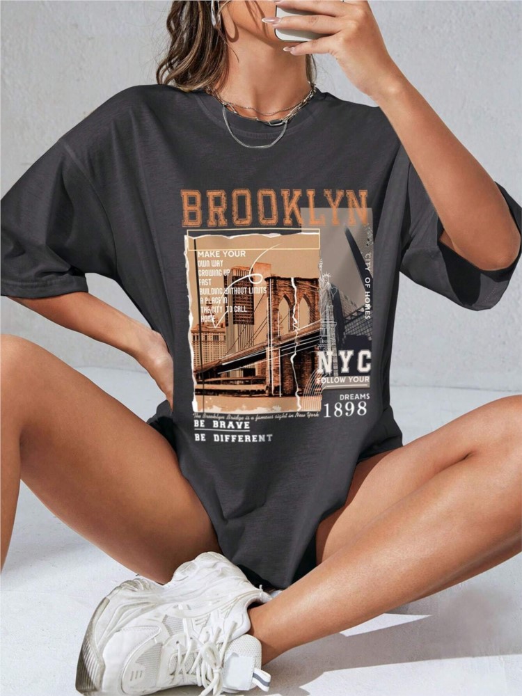 Street Fashion Nyc - Wiosna Kobieta Bawełniane koszulki Litera Brooklyn