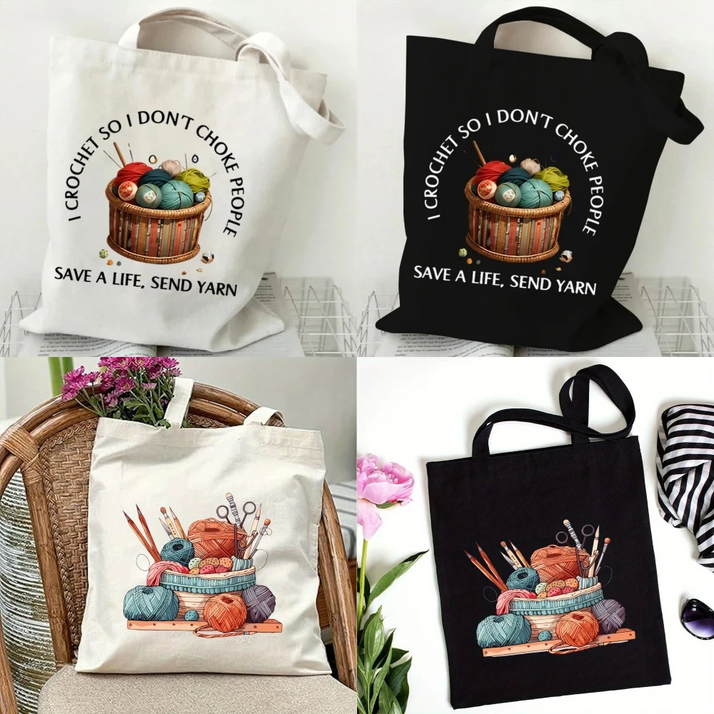 Tote Bag Canvas Print - Klasyczna wełniana torebka dziergana z pomponami