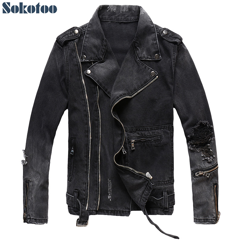 Distressed Jean Rip - Sokotoo męskie zamki czarny denim jean