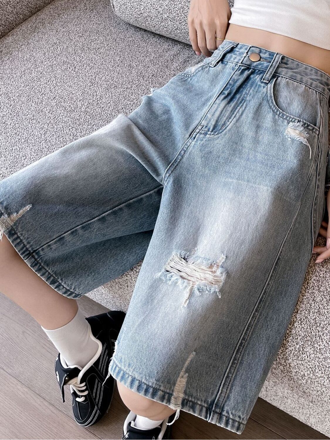 Damskie szorty dżinsowe z wyso – Distressed Jean Rip recenzja i cena